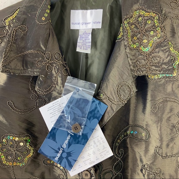Susan Graver Sequin Taffeta Jacket Sage Green Floral Embroidery Holiday - Picture 6 of 11